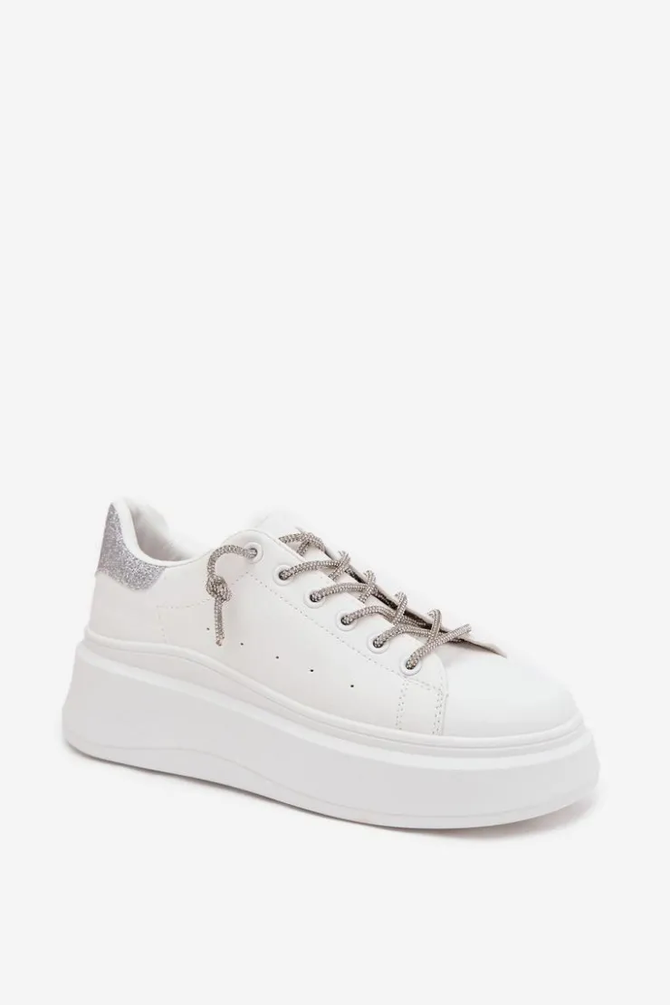 Boto Buty Sportowe Na Platformie|Sneakersy Damskie*Sneakersy Damskie Na Platformie Z Ozdobnym Sznurowaniem I Brokatem Białe Belmira