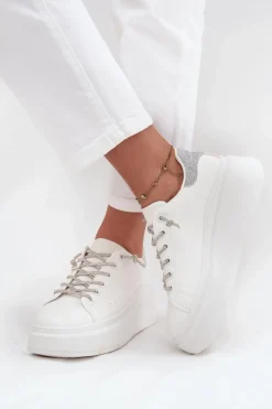 Boto Buty Sportowe Na Platformie|Sneakersy Damskie*Sneakersy Damskie Na Platformie Z Ozdobnym Sznurowaniem I Brokatem Białe Belmira