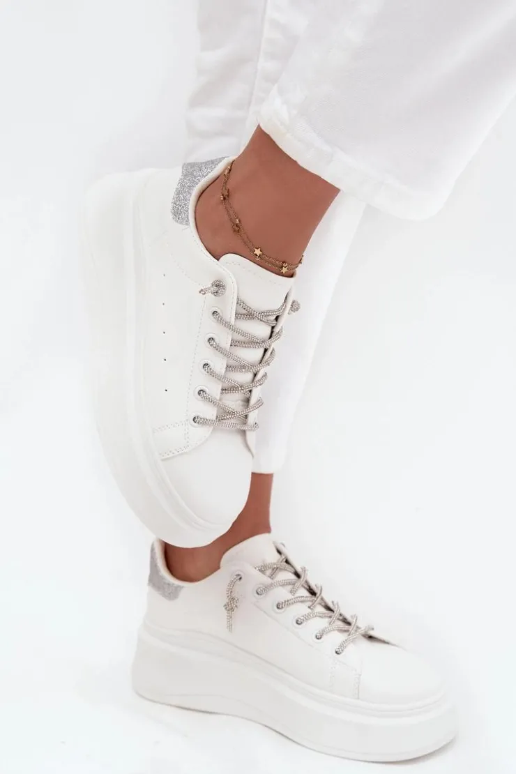 Boto Buty Sportowe Na Platformie|Sneakersy Damskie*Sneakersy Damskie Na Platformie Z Ozdobnym Sznurowaniem I Brokatem Białe Belmira