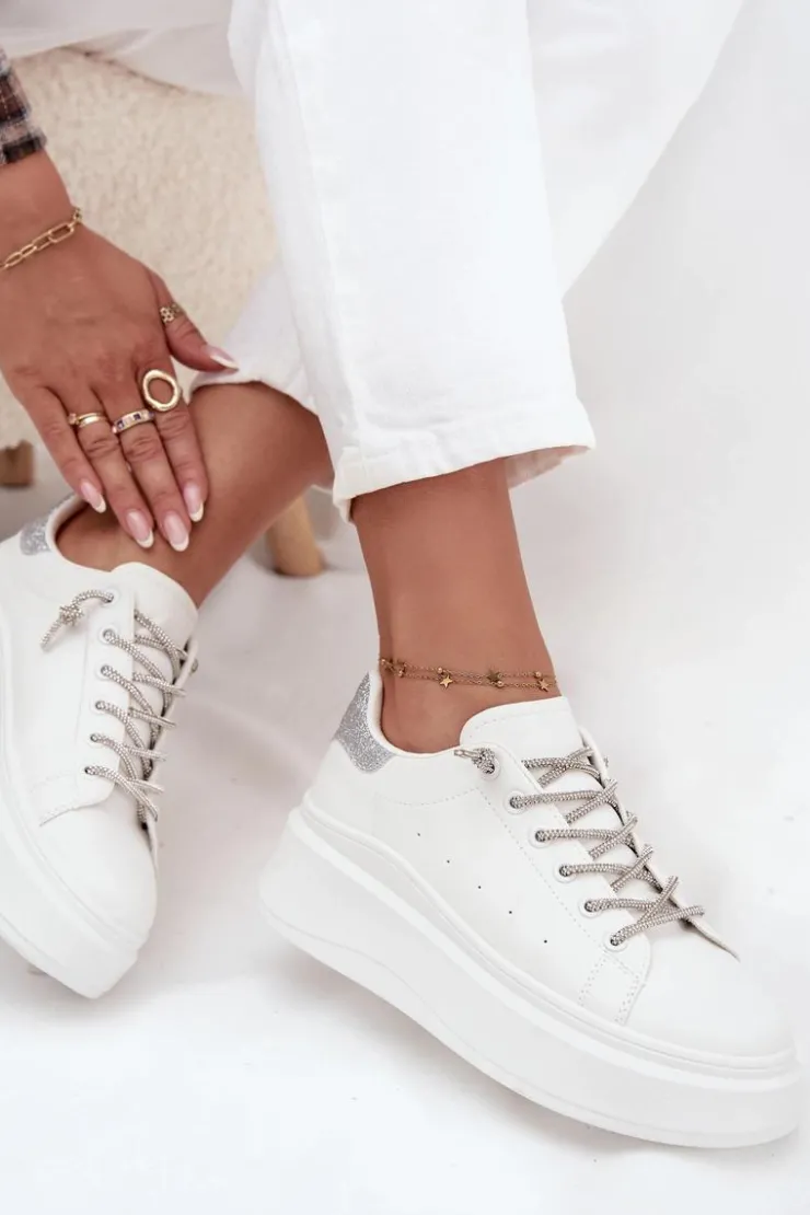 Boto Buty Sportowe Na Platformie|Sneakersy Damskie*Sneakersy Damskie Na Platformie Z Ozdobnym Sznurowaniem I Brokatem Białe Belmira