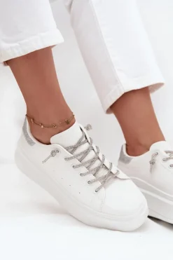 Boto Buty Sportowe Na Platformie|Sneakersy Damskie*Sneakersy Damskie Na Platformie Z Ozdobnym Sznurowaniem I Brokatem Białe Belmira