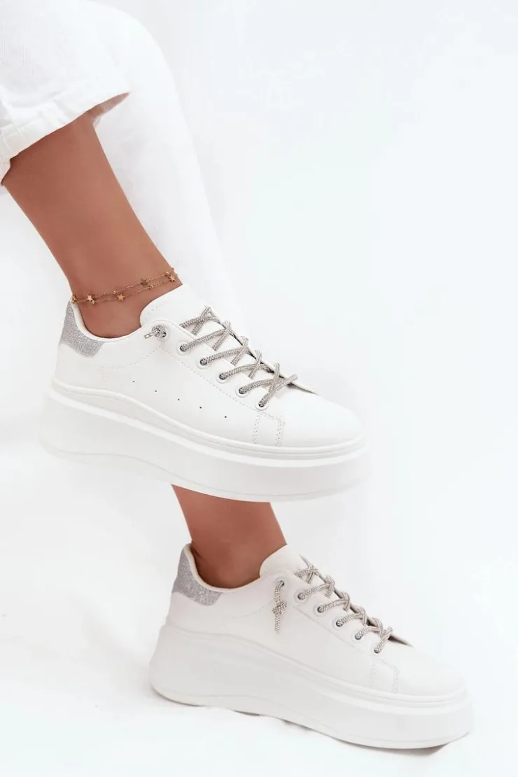 Boto Buty Sportowe Na Platformie|Sneakersy Damskie*Sneakersy Damskie Na Platformie Z Ozdobnym Sznurowaniem I Brokatem Białe Belmira