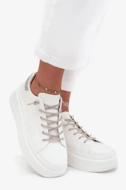 Boto Buty Sportowe Na Platformie|Sneakersy Damskie*Sneakersy Damskie Na Platformie Z Ozdobnym Sznurowaniem I Brokatem Białe Belmira
