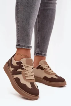 Clearance Boto Sneakersy Damskie Niskie Eko Skórzane Brązowe Givelle Brązowy