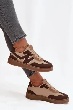 Clearance Boto Sneakersy Damskie Niskie Eko Skórzane Brązowe Givelle Brązowy