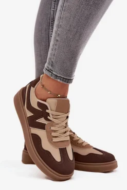 Clearance Boto Sneakersy Damskie Niskie Eko Skórzane Brązowe Givelle Brązowy