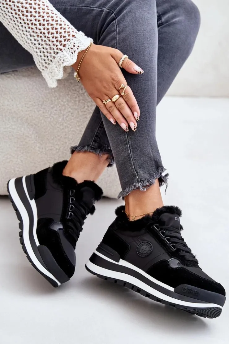 Big Star Shoes Buty Sportowe Big Star|Sneakersy Damskie*Sneakersy Damskie Ocieplane Na Platformie Big Star OO274A216 Czarne Czarny