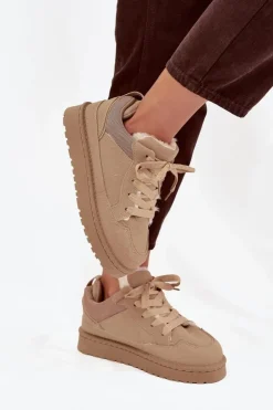 Outlet Boto Sneakersy Damskie Ocieplane Futerkiem Beżowe Cyrissa Beżowy