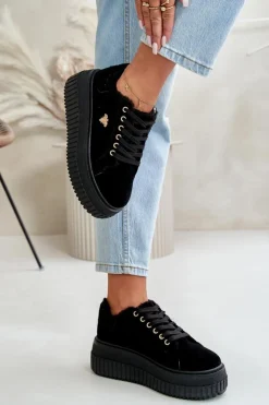 Online Boto Sneakersy Damskie Ocieplane Na Masywnej Podeszwie Ze Złotym Detalem Czarne Lotira