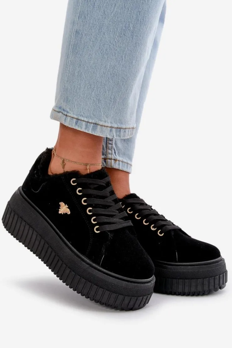 Online Boto Sneakersy Damskie Ocieplane Na Masywnej Podeszwie Ze Złotym Detalem Czarne Lotira