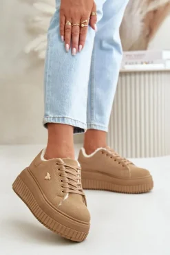 Damskie Boto Sneakersy Damskie Ocieplane Na Masywnej Podeszwie Ze Złotym Detalem Brązowe Lotira