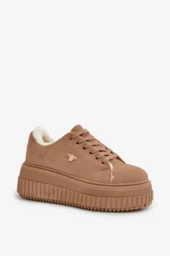 Damskie Boto Sneakersy Damskie Ocieplane Na Masywnej Podeszwie Ze Złotym Detalem Brązowe Lotira