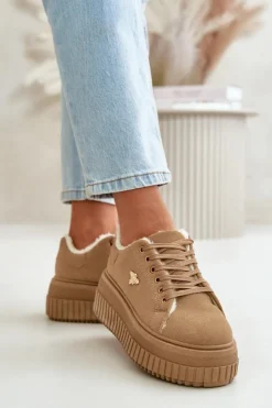 Damskie Boto Sneakersy Damskie Ocieplane Na Masywnej Podeszwie Ze Złotym Detalem Brązowe Lotira