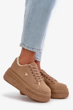 Damskie Boto Sneakersy Damskie Ocieplane Na Masywnej Podeszwie Ze Złotym Detalem Brązowe Lotira