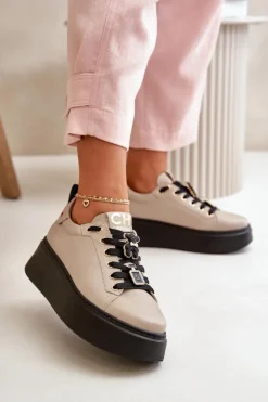 Damskie CheBello Sneakersy Damskie Skórzane Z Przypinkami Na Platformie 4596 Beżowe