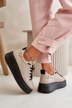Damskie CheBello Sneakersy Damskie Skórzane Z Przypinkami Na Platformie 4596 Beżowe