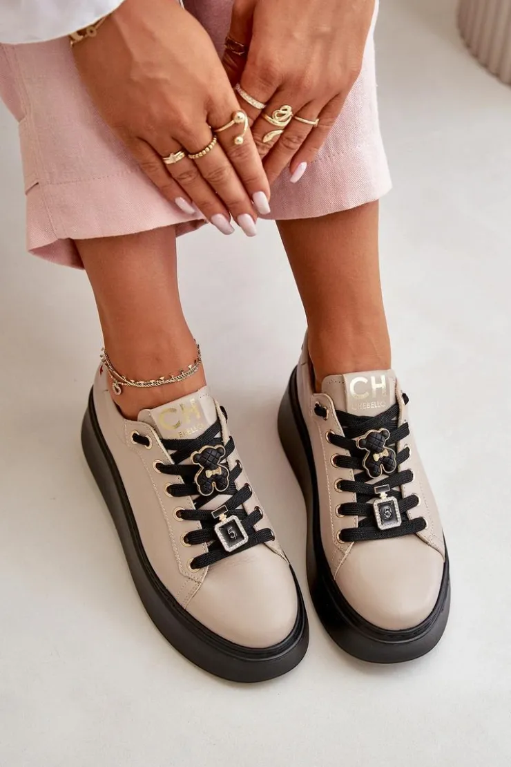 Damskie CheBello Sneakersy Damskie Skórzane Z Przypinkami Na Platformie 4596 Beżowe