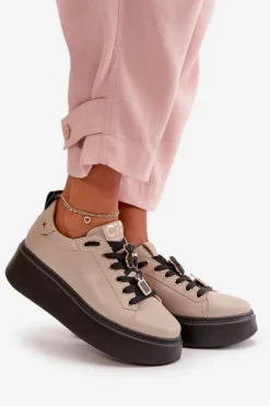 Damskie CheBello Sneakersy Damskie Skórzane Z Przypinkami Na Platformie 4596 Beżowe
