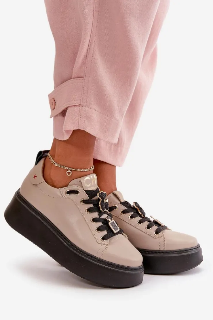Damskie CheBello Sneakersy Damskie Skórzane Z Przypinkami Na Platformie 4596 Beżowe