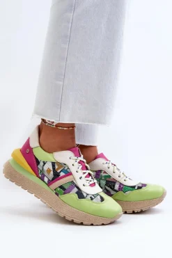 Discount Maciejka Sneakersy Damskie Skórzane Na Platformie 06322-09 Zielono-Różowe