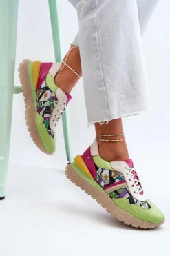 Discount Maciejka Sneakersy Damskie Skórzane Na Platformie 06322-09 Zielono-Różowe