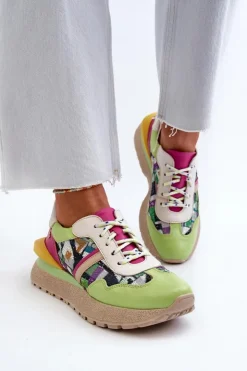 Discount Maciejka Sneakersy Damskie Skórzane Na Platformie 06322-09 Zielono-Różowe