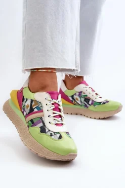 Discount Maciejka Sneakersy Damskie Skórzane Na Platformie 06322-09 Zielono-Różowe