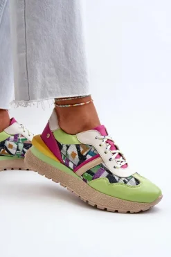 Discount Maciejka Sneakersy Damskie Skórzane Na Platformie 06322-09 Zielono-Różowe