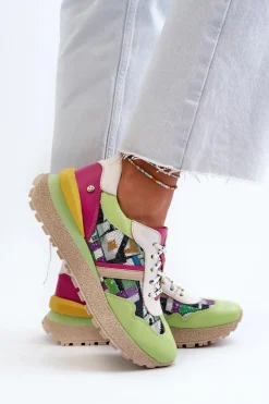 Discount Maciejka Sneakersy Damskie Skórzane Na Platformie 06322-09 Zielono-Różowe