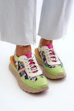 Discount Maciejka Sneakersy Damskie Skórzane Na Platformie 06322-09 Zielono-Różowe