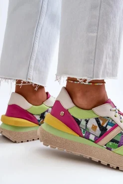 Discount Maciejka Sneakersy Damskie Skórzane Na Platformie 06322-09 Zielono-Różowe