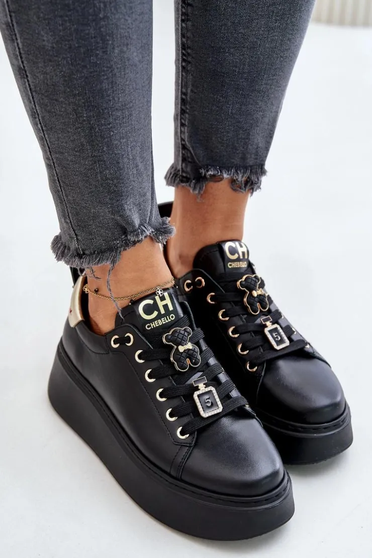 Damskie CheBello Sneakersy Damskie Skórzane Z Przypinkami Na Platformie 4596 Czarne