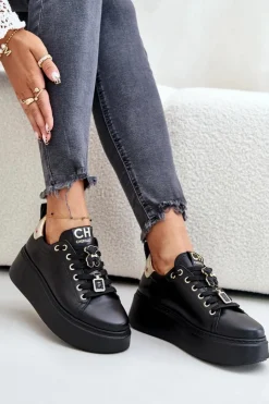 Damskie CheBello Sneakersy Damskie Skórzane Z Przypinkami Na Platformie 4596 Czarne