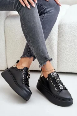 Damskie CheBello Sneakersy Damskie Skórzane Z Przypinkami Na Platformie 4596 Czarne