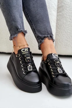 Damskie CheBello Sneakersy Damskie Skórzane Z Przypinkami Na Platformie 4596 Czarne