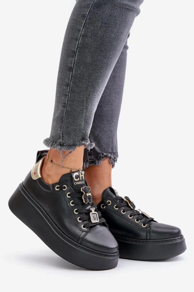 Damskie CheBello Sneakersy Damskie Skórzane Z Przypinkami Na Platformie 4596 Czarne