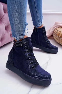 Boto Sneakersy Damskie Ukryty Koturn Granatowe Ferrer