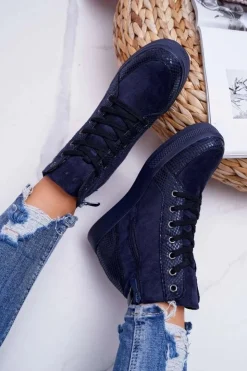 Boto Sneakersy Damskie Ukryty Koturn Granatowe Ferrer