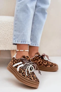 Damskie Boto Sneakersy Damskie W Panterkę Na Platformie Z Ozdobami Brązowe Vinness