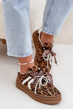 Damskie Boto Sneakersy Damskie W Panterkę Na Platformie Z Ozdobami Brązowe Vinness