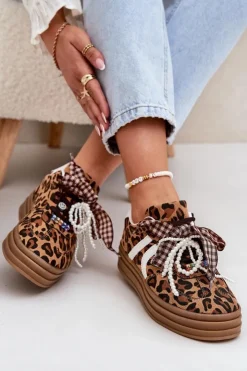 Damskie Boto Sneakersy Damskie W Panterkę Na Platformie Z Ozdobami Brązowe Vinness