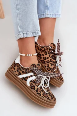 Damskie Boto Sneakersy Damskie W Panterkę Na Platformie Z Ozdobami Brązowe Vinness