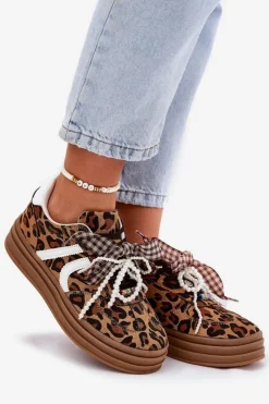 Damskie Boto Sneakersy Damskie W Panterkę Na Platformie Z Ozdobami Brązowe Vinness