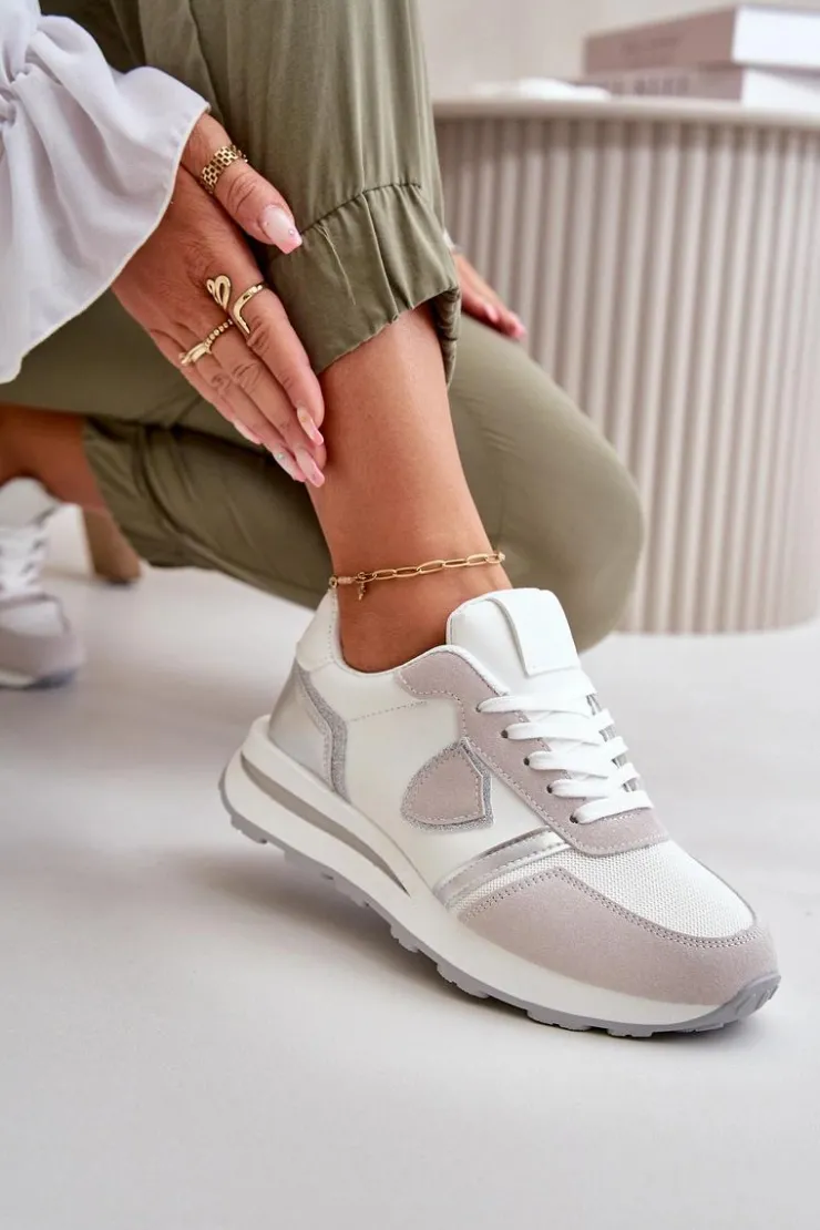 Boto Sneakersy Damskie*Sneakersy Damskie Z Brokatem Białe Velaniela