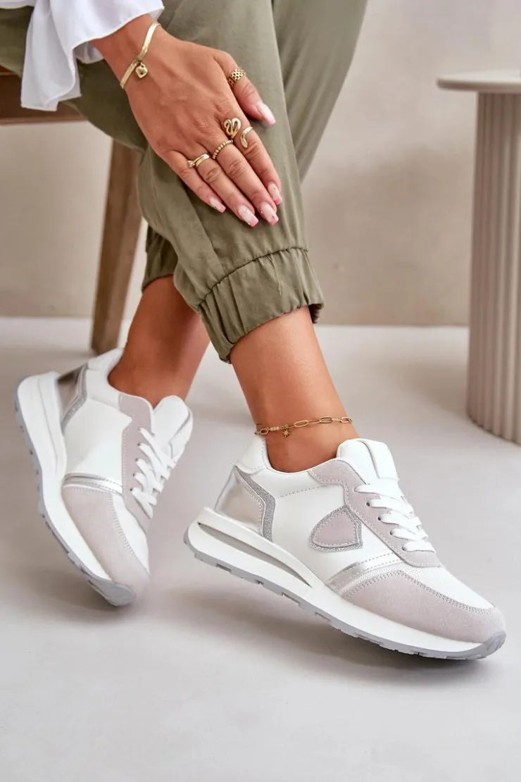 Boto Sneakersy Damskie*Sneakersy Damskie Z Brokatem Białe Velaniela