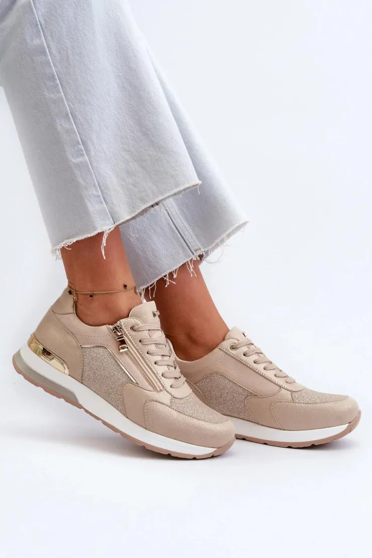 Discount INBLU Sneakersy Damskie Z Brokatem I Suwakiem IN000365 Beżowe