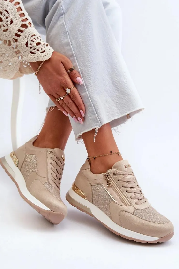Discount INBLU Sneakersy Damskie Z Brokatem I Suwakiem IN000365 Beżowe