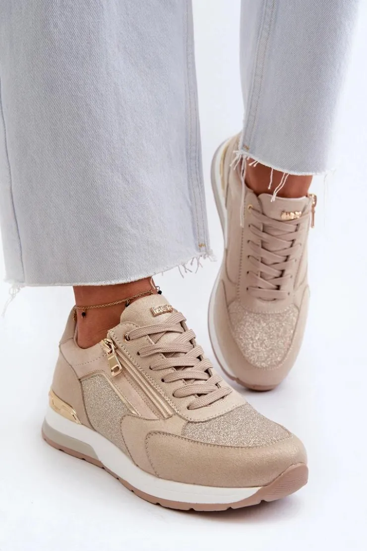 Discount INBLU Sneakersy Damskie Z Brokatem I Suwakiem IN000365 Beżowe