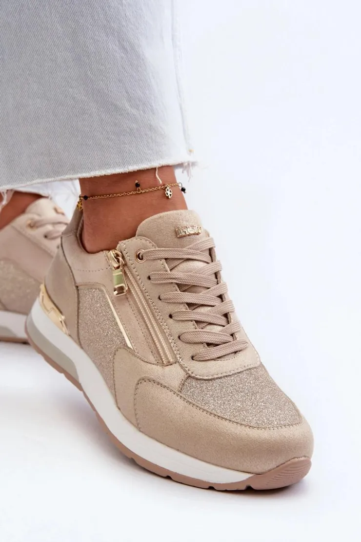 Discount INBLU Sneakersy Damskie Z Brokatem I Suwakiem IN000365 Beżowe