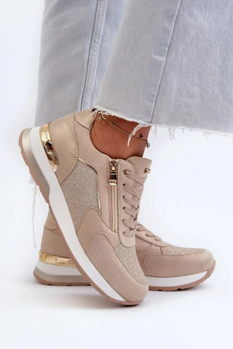 Discount INBLU Sneakersy Damskie Z Brokatem I Suwakiem IN000365 Beżowe